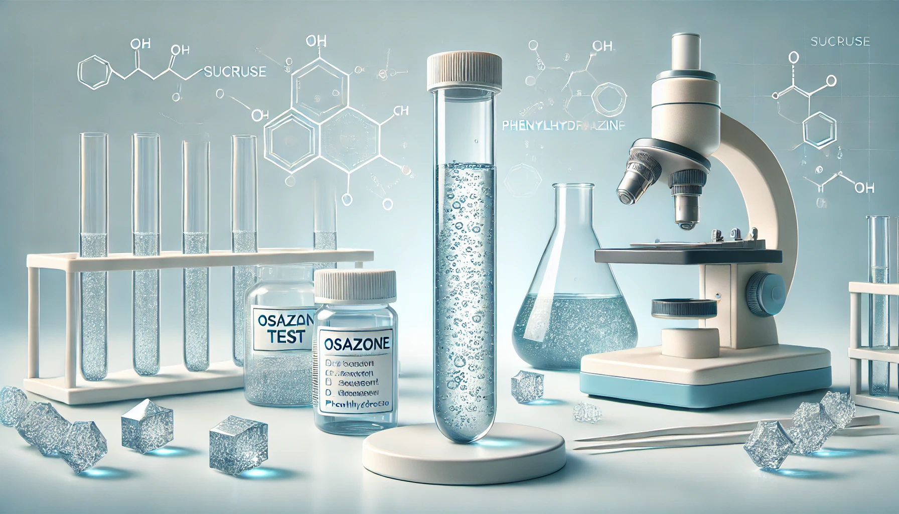 Osazone test for sucrose. The image should show a test tube containing a clear sucrose solution with no crystal