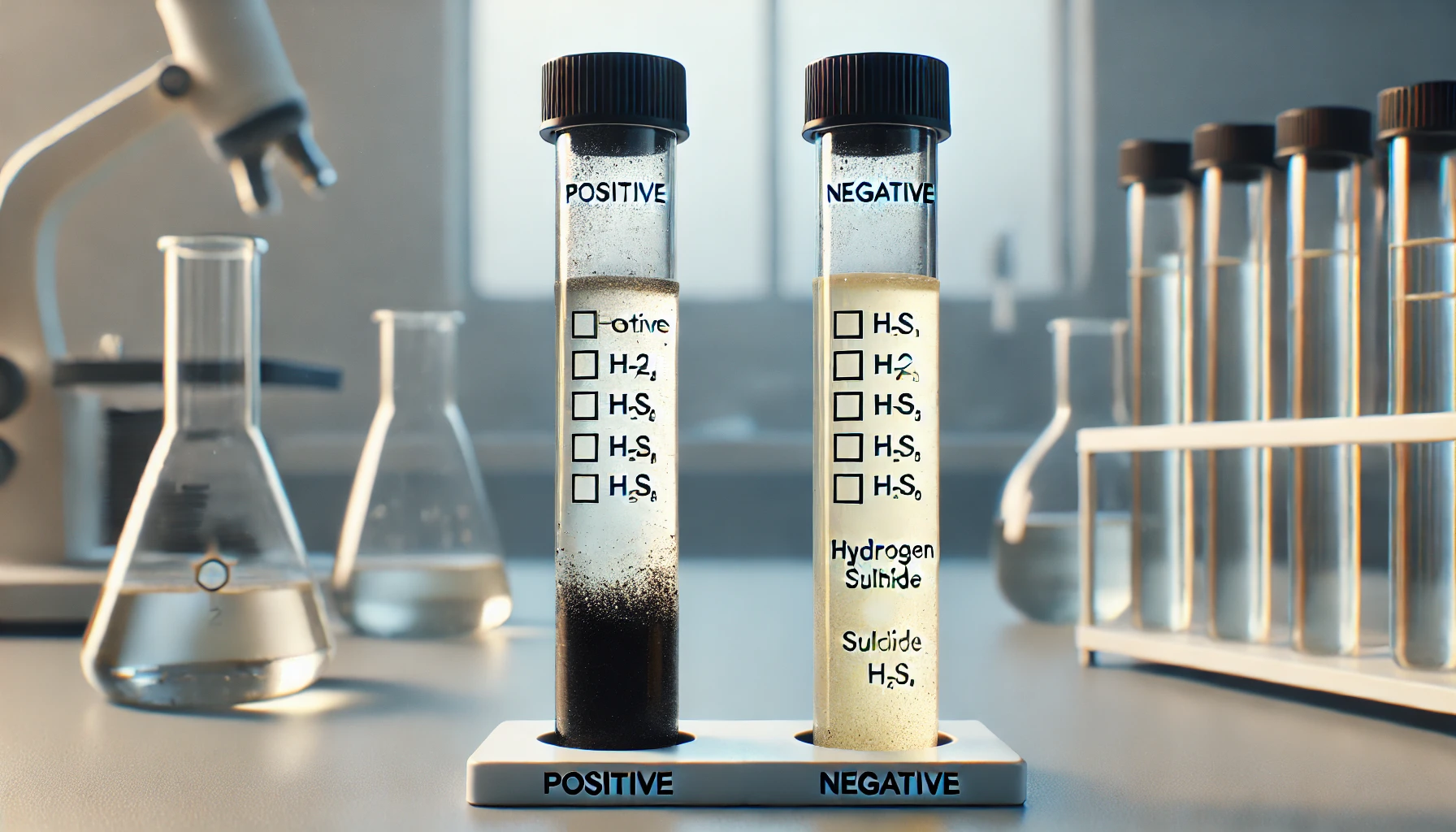 Sulphur Reduction Test. The left test tube displays a positive result, with a black precipitate